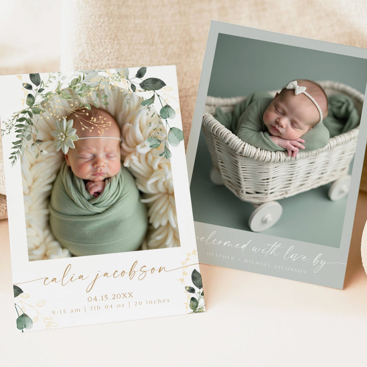 CALIA Elegant Eucalyptus & Gold Gender Neutral Newborn Birth Announcement Card