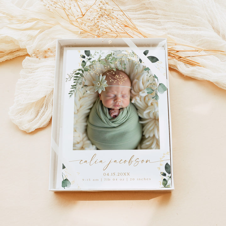 CALIA Elegant Eucalyptus & Gold Gender Neutral Newborn Birth Announcement Card