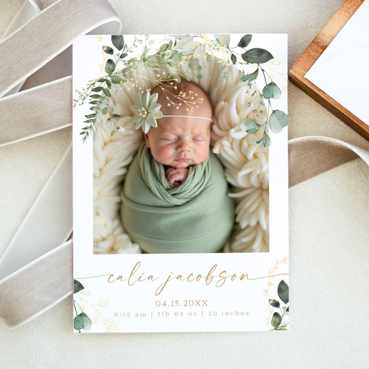 CALIA Elegant Eucalyptus & Gold Gender Neutral Newborn Birth Announcement Card