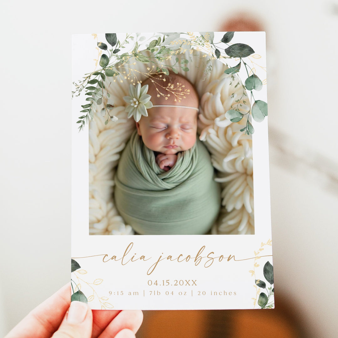 CALIA Elegant Eucalyptus & Gold Gender Neutral Newborn Birth Announcement Card