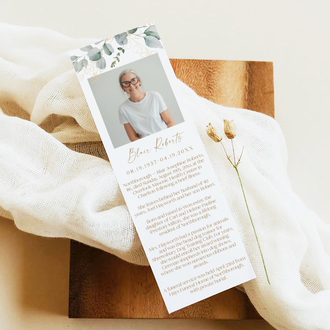 CALIA Greenery & Gold Elegant Unlaminated Memorial Prayer Bookmark