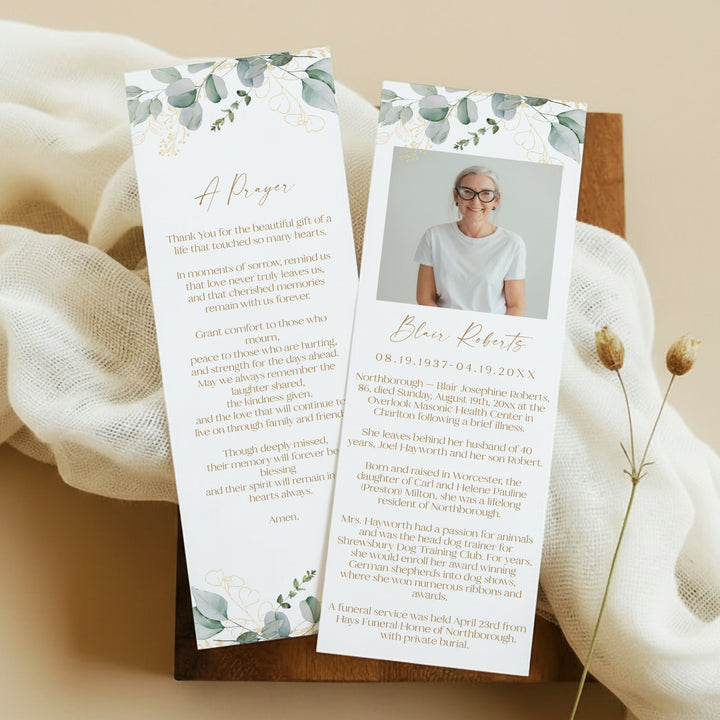 CALIA Greenery & Gold Elegant Unlaminated Memorial Prayer Bookmark