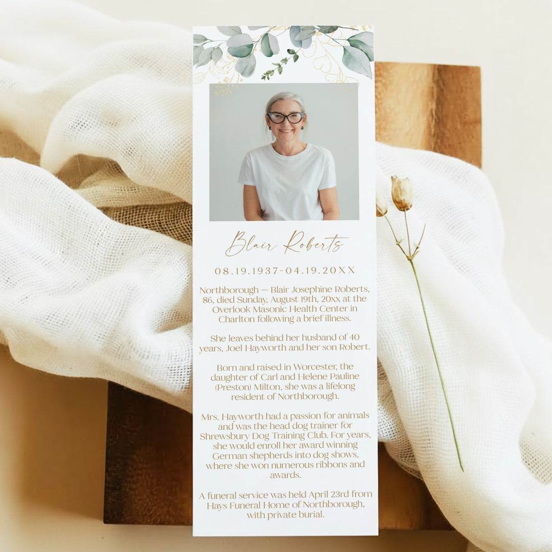 CALIA Greenery & Gold Elegant Unlaminated Memorial Prayer Bookmark