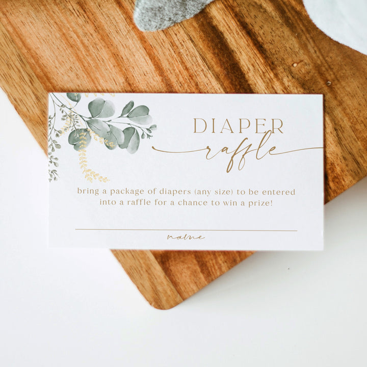 CALIA Greenery & Gold Elegant Baby Shower Diaper Raffle Card