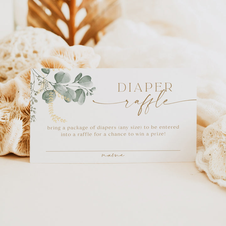 CALIA Greenery & Gold Elegant Baby Shower Diaper Raffle Card