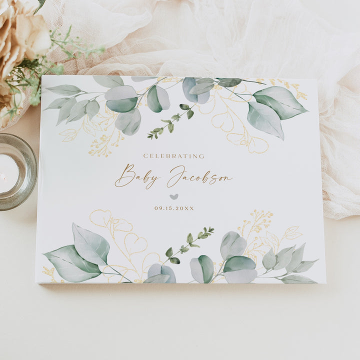 CALIA Greenery & Gold Baby Shower Guest Book Keepsake