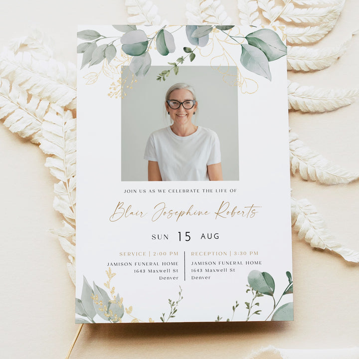 CALIA Greenery & Gold Funeral Memorial Service Announcement with Photo