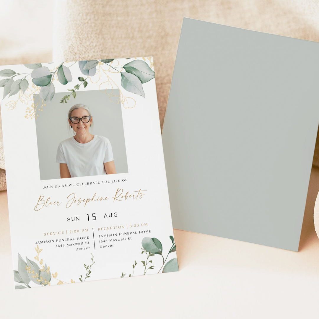 CALIA Greenery & Gold Funeral Memorial Service Announcement with Photo
