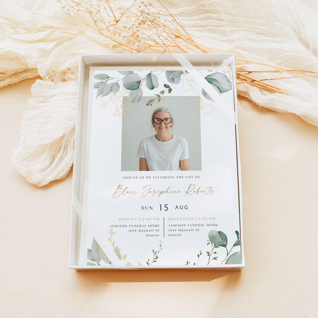 CALIA Greenery & Gold Funeral Memorial Service Announcement with Photo