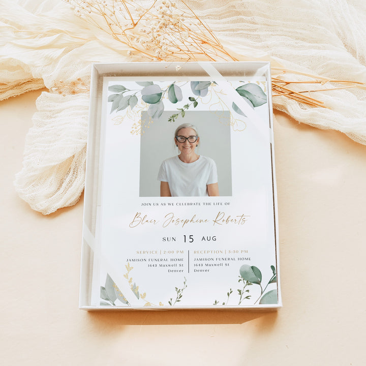 CALIA Greenery & Gold Funeral Memorial Service Announcement with Photo