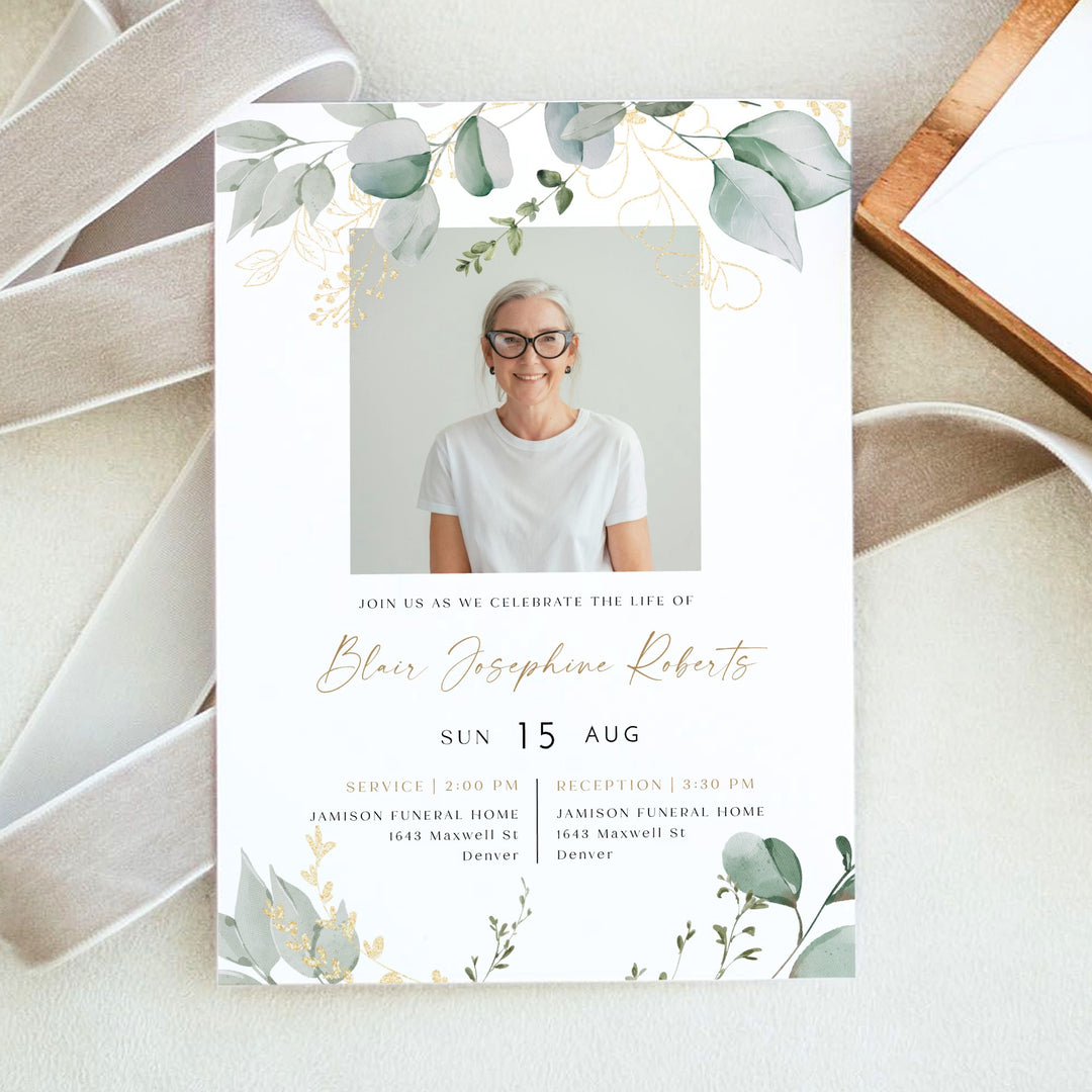 CALIA Greenery & Gold Funeral Memorial Service Announcement with Photo