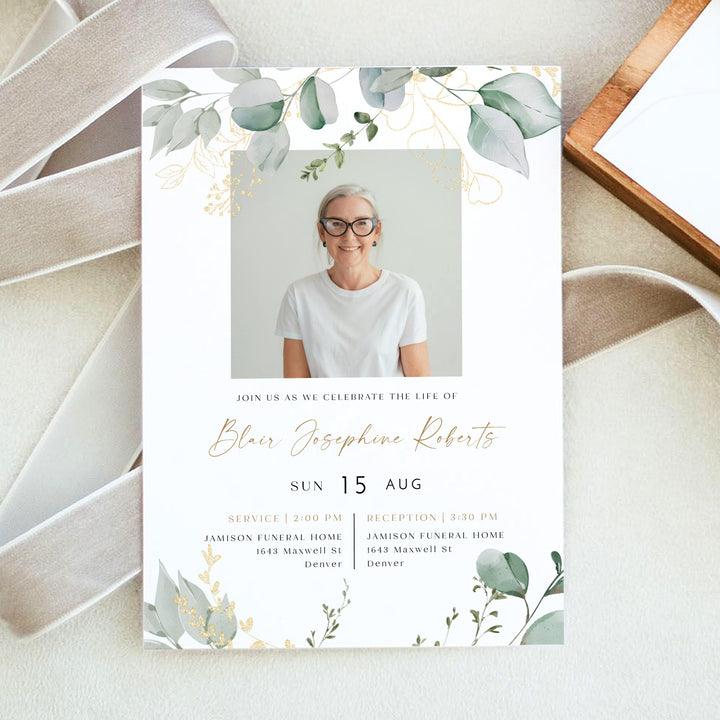 CALIA Greenery & Gold Funeral Memorial Service Announcement with Photo