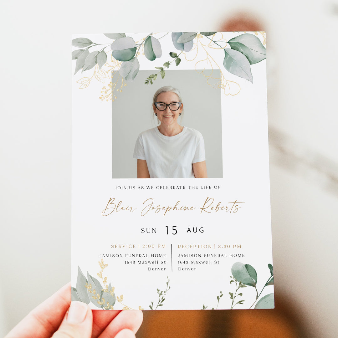 CALIA Greenery & Gold Funeral Memorial Service Announcement with Photo