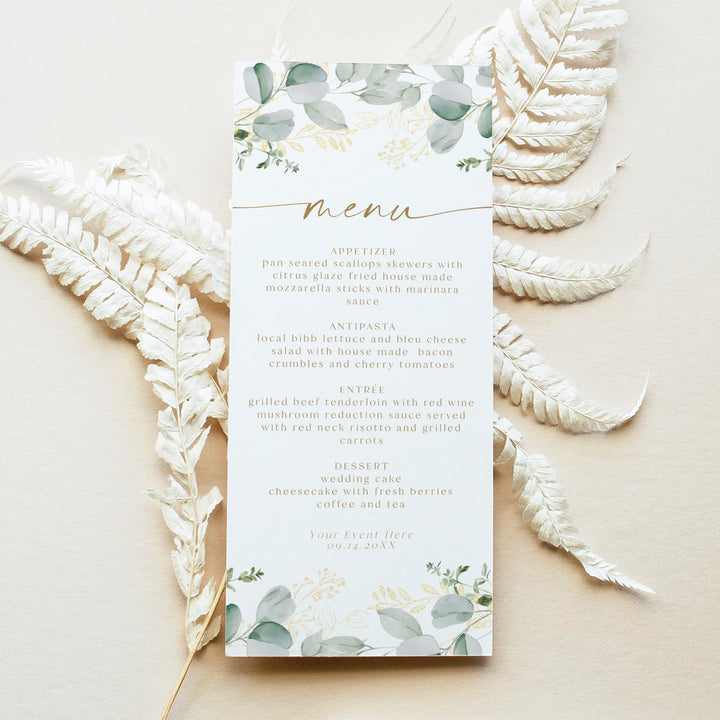 CALIA Elegant Greenery & Gold Menu Cards