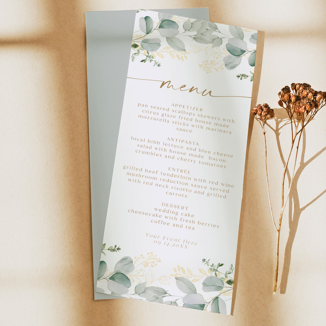 CALIA Elegant Greenery & Gold Menu Cards