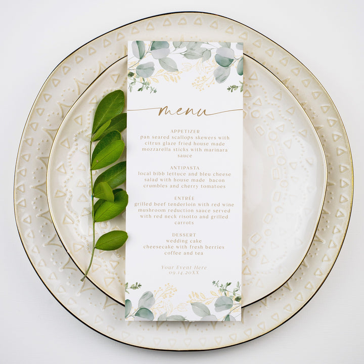 CALIA Elegant Greenery & Gold Menu Cards