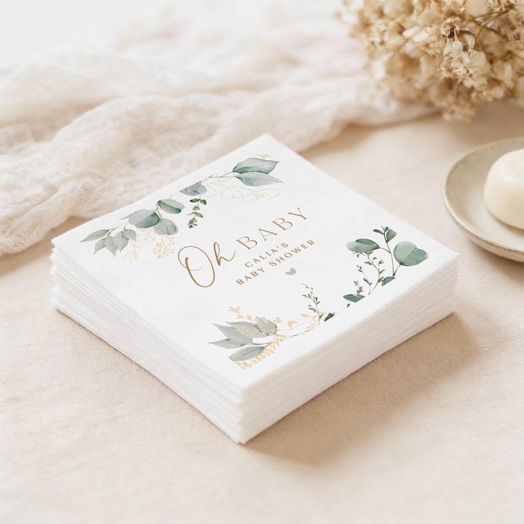 CALIA Personalized Greenery & Gold Oh Baby Elegant Baby Shower Napkins