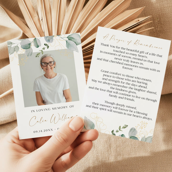 CALIA In Loving Memory Greenery & Gold Memorial Prayer Card with Photo