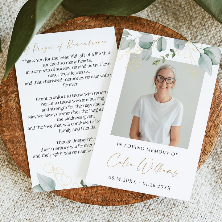 CALIA In Loving Memory Greenery & Gold Memorial Prayer Card with Photo