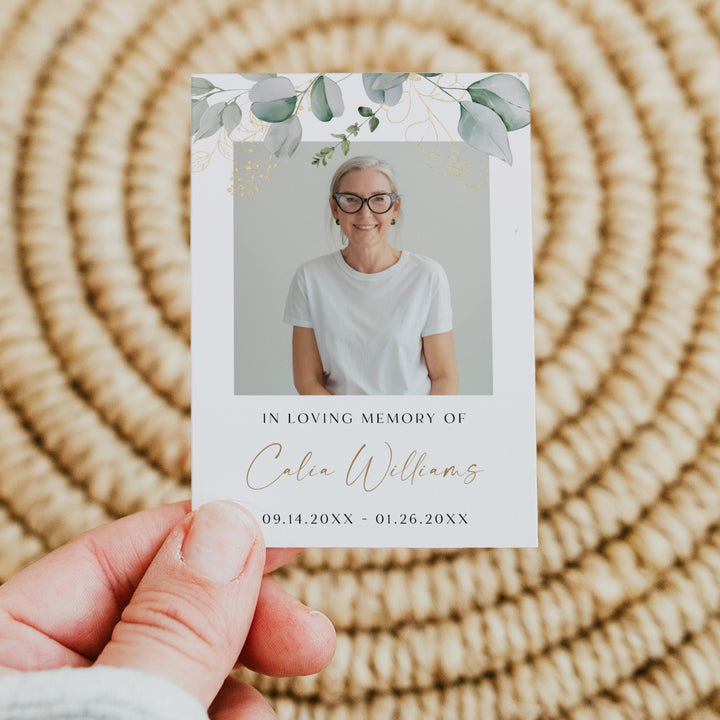 CALIA In Loving Memory Greenery & Gold Memorial Prayer Card with Photo