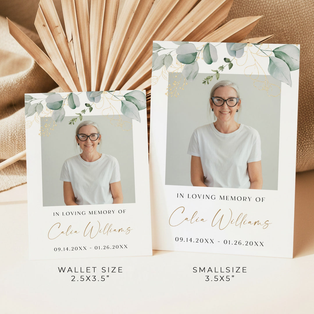 CALIA In Loving Memory Greenery & Gold Memorial Prayer Card with Photo
