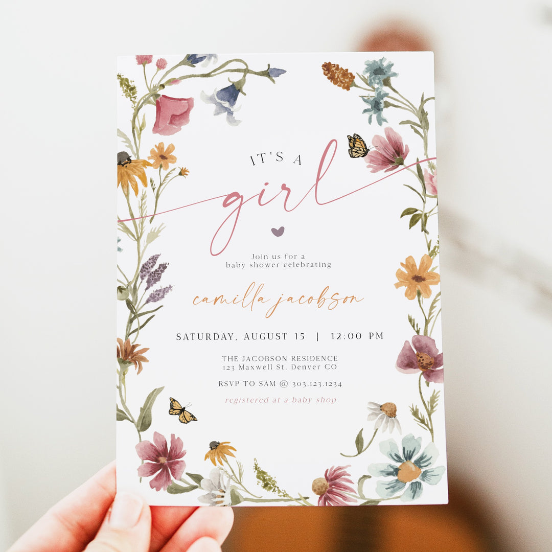CAMILLA It's a Girl Wildflower Floral Baby Shower Invitation Set