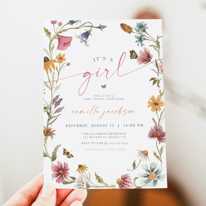 CAMILLA It's a Girl Wildflower Floral Baby Shower Invitation Set
