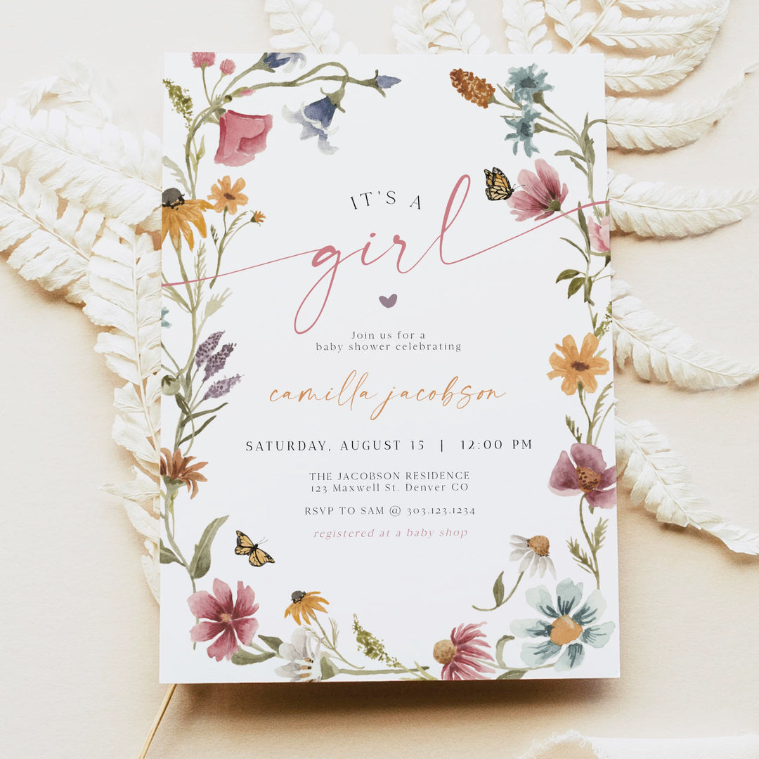 CAMILLA It's a Girl Wildflower Floral Baby Shower Invitation Set