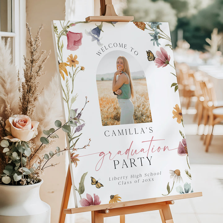 CAMILLA Wildflower Graduation Party Welcome Sign with Photo