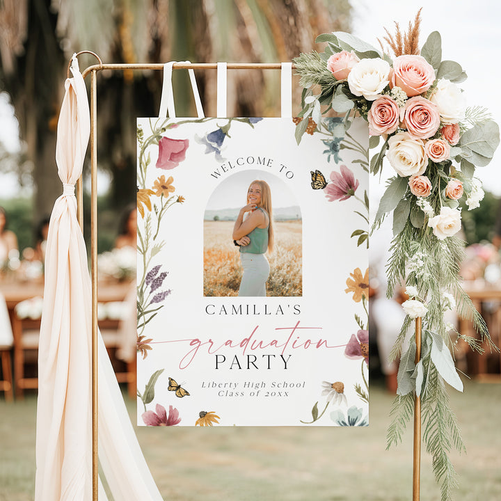 CAMILLA Wildflower Graduation Party Welcome Sign with Photo