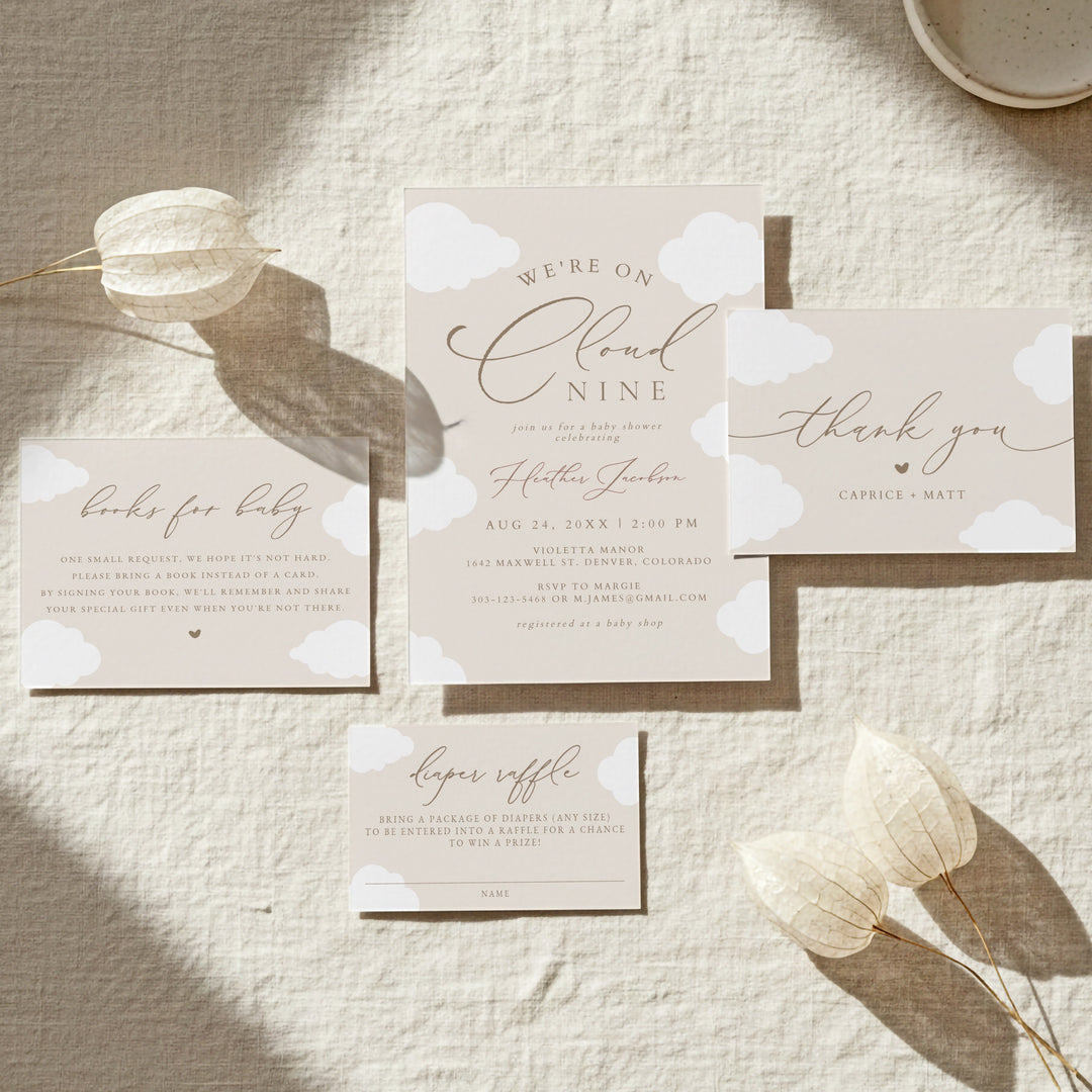 CAPRICE On Cloud Nine Beige Gender Neutral Baby Shower Invitation Suite