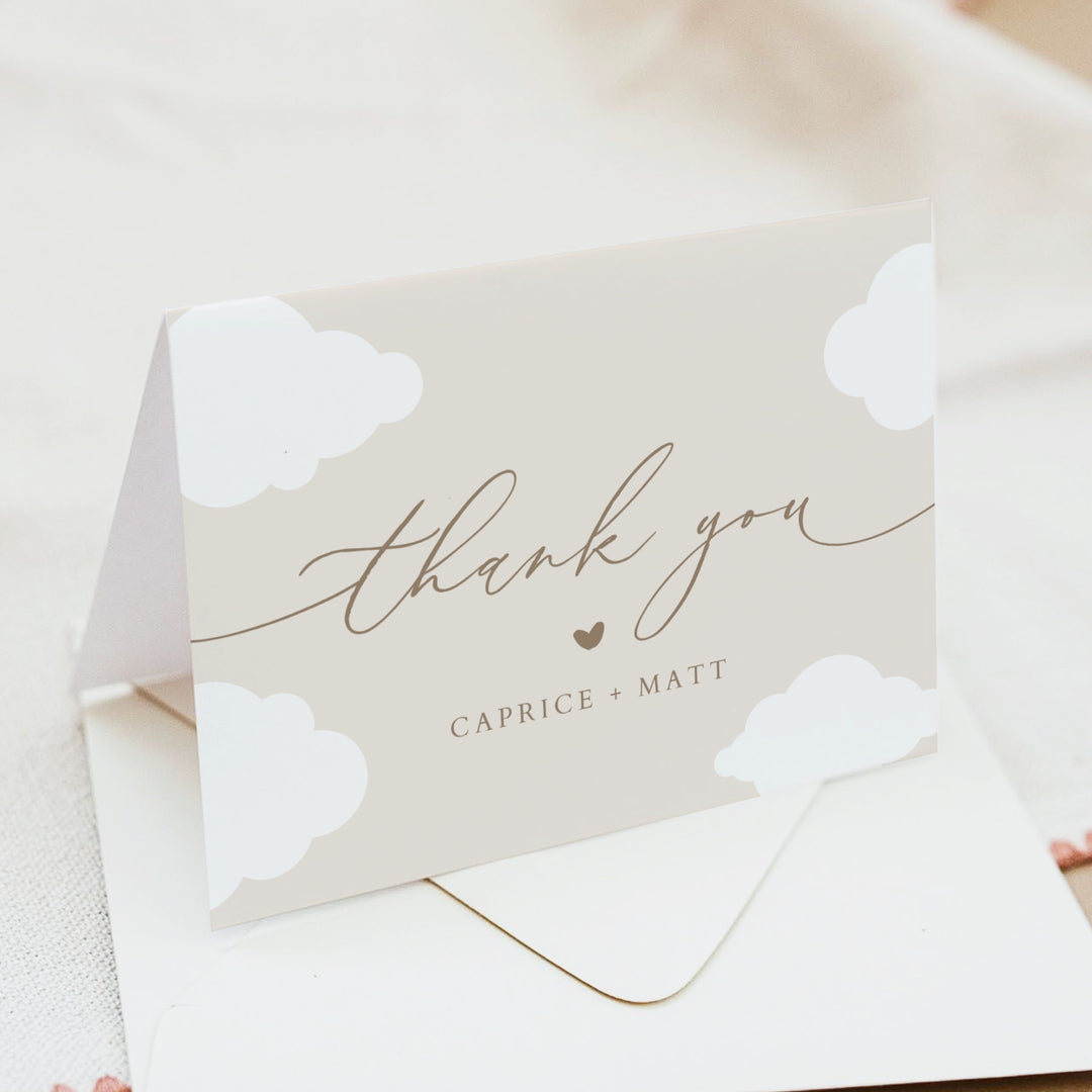 CAPRICE Beige Cloud Nine Gender Neutral Baby Shower Personalized Thank You Cards