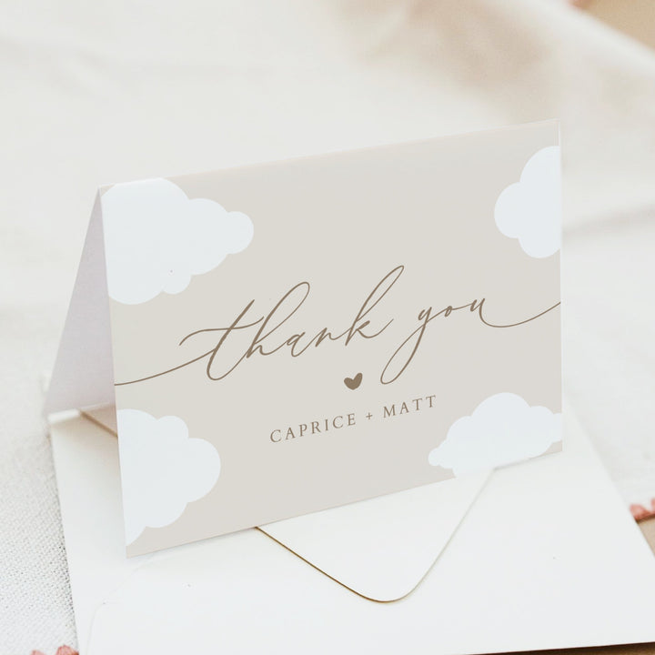 CAPRICE Beige Cloud Nine Gender Neutral Baby Shower Personalized Thank You Cards