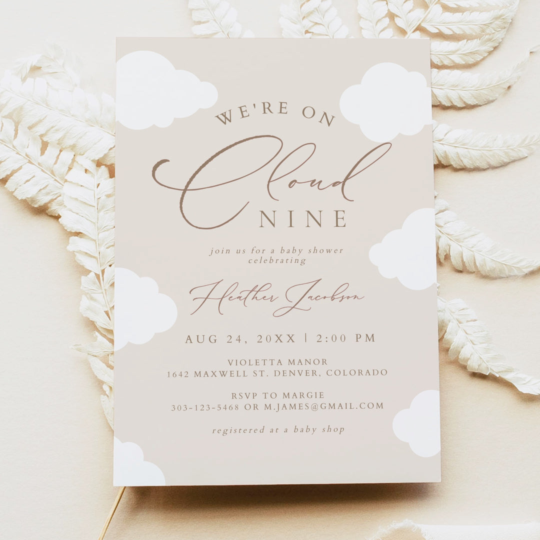 CAPRICE On Cloud Nine Beige Gender Neutral Baby Shower Invitation