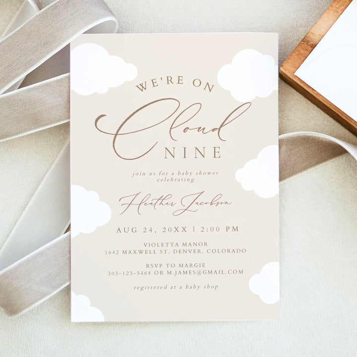 CAPRICE On Cloud Nine Beige Gender Neutral Baby Shower Invitation
