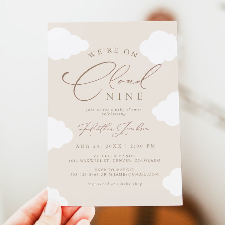 CAPRICE On Cloud Nine Beige Gender Neutral Baby Shower Invitation