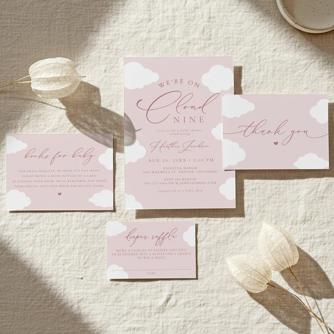 CAPRICE On Cloud Nine Pink Baby Girl Baby Shower Invitation Suite
