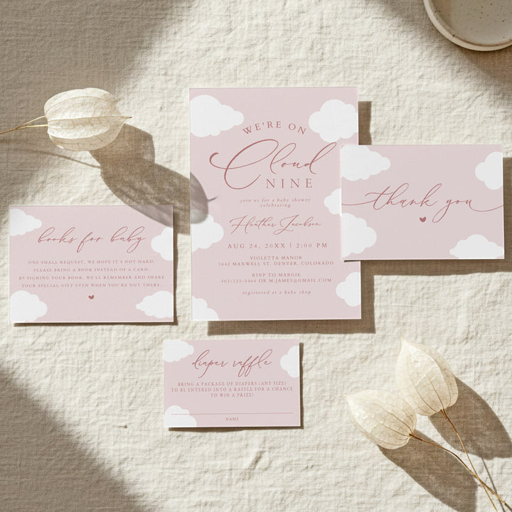 CAPRICE On Cloud Nine Pink Baby Girl Baby Shower Invitation Suite