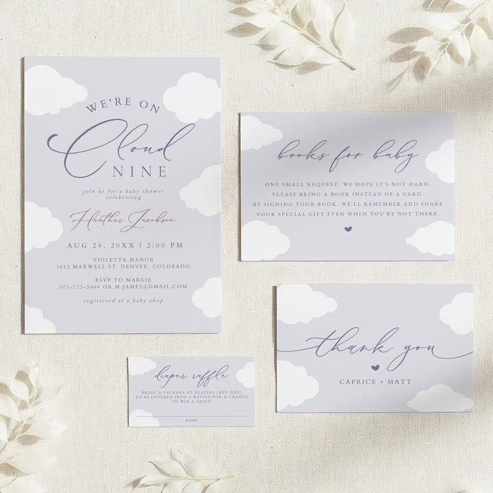 CAPRICE On Cloud Nine Purple Baby Girl Baby Shower Invitation Suite