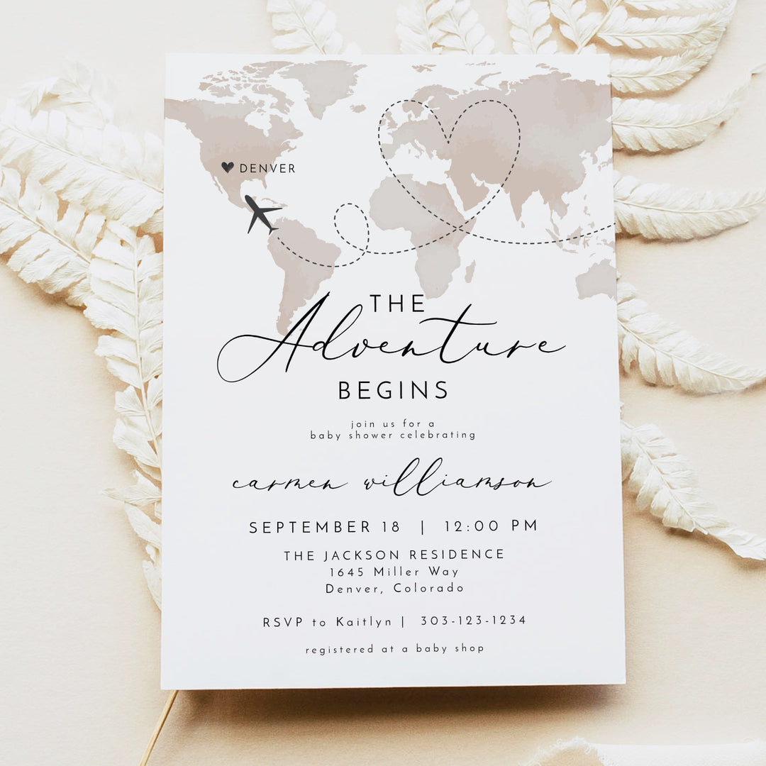 CARMEN Adventure Begins Neutral World Map Baby Shower Invitation Suite