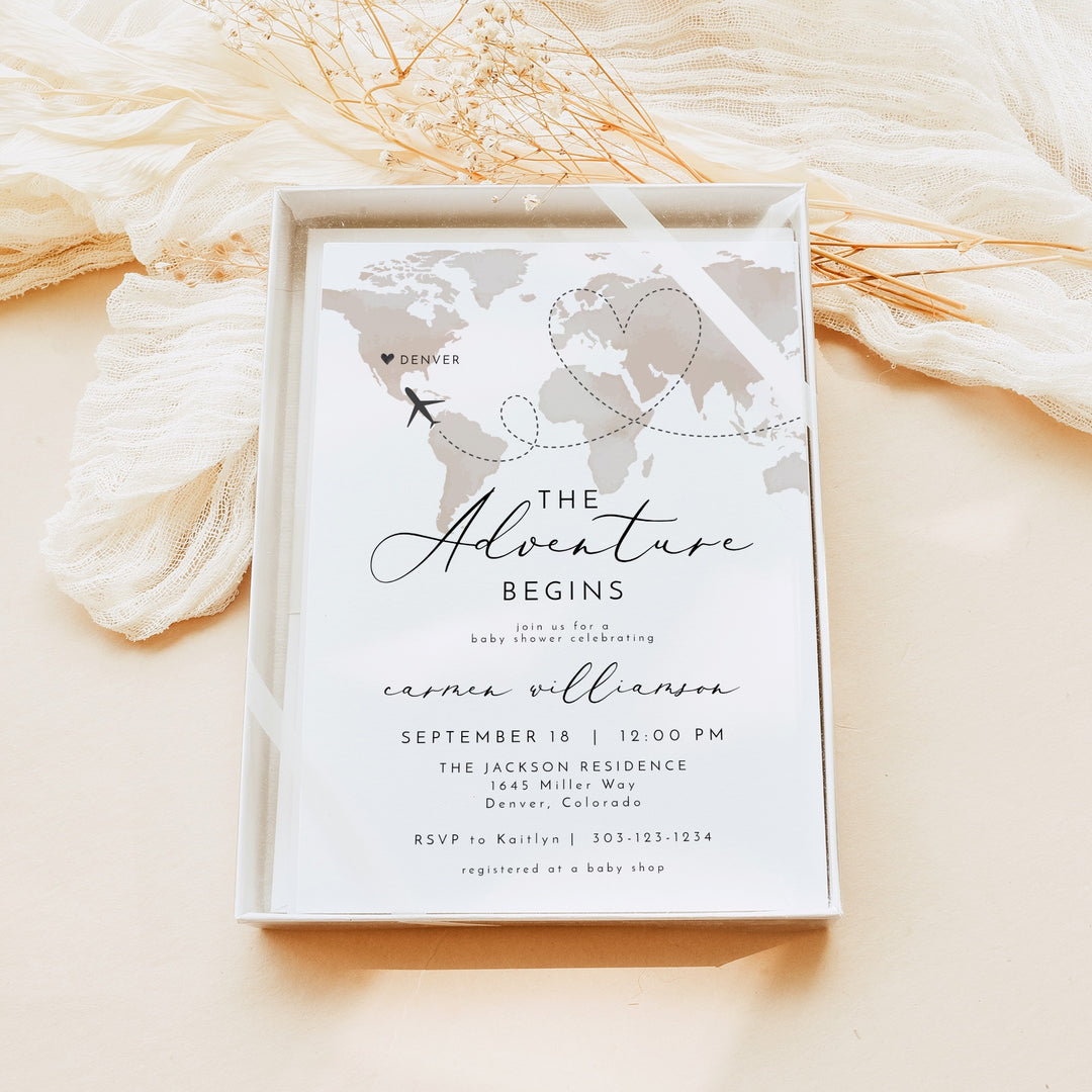 CARMEN Adventure Begins Neutral World Map Baby Shower Invitation Suite