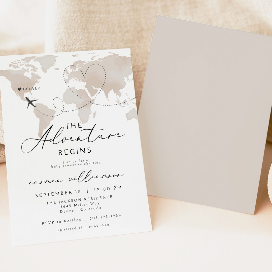 CARMEN Adventure Begins Neutral World Map Baby Shower Invitation Suite