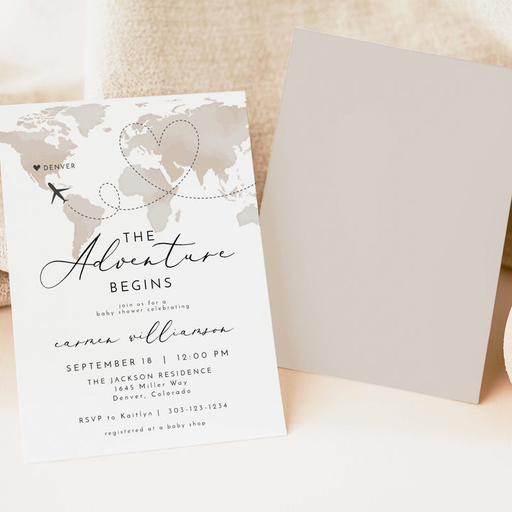 CARMEN Adventure Begins Neutral World Map Baby Shower Invitation Suite
