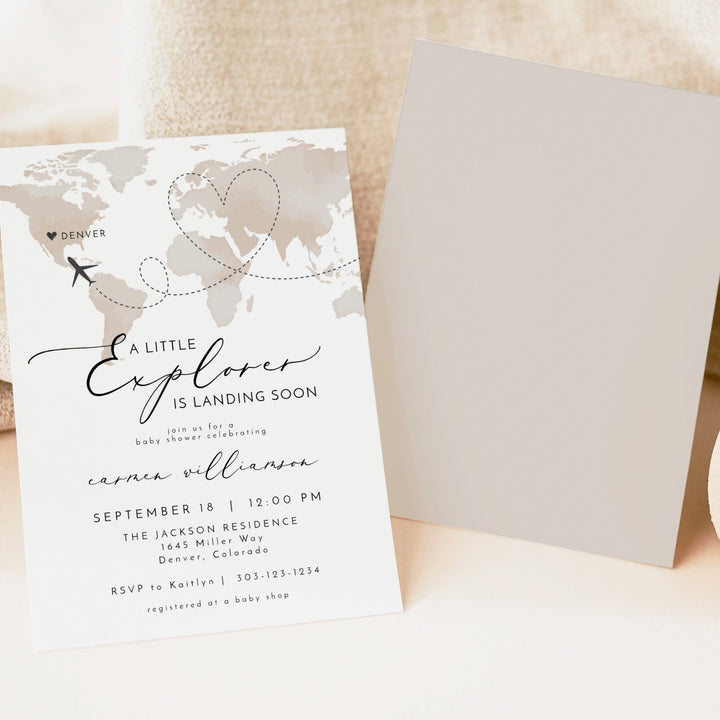 CARMEN Little Explorer Neutral World Map Baby Shower Invitation Suite
