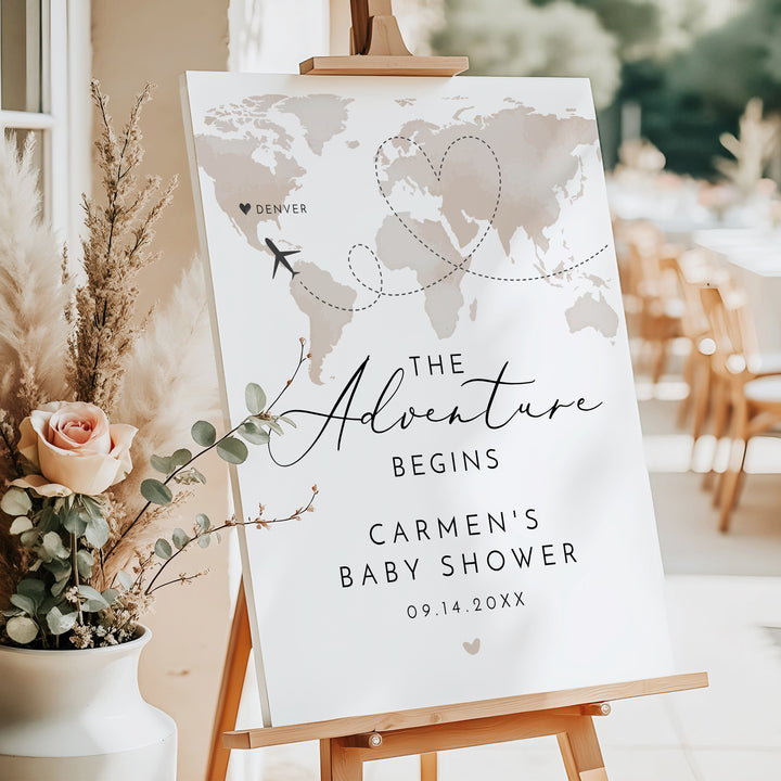 CARMEN Adventure Begins Neutral World Map Baby Shower Welcome Sign
