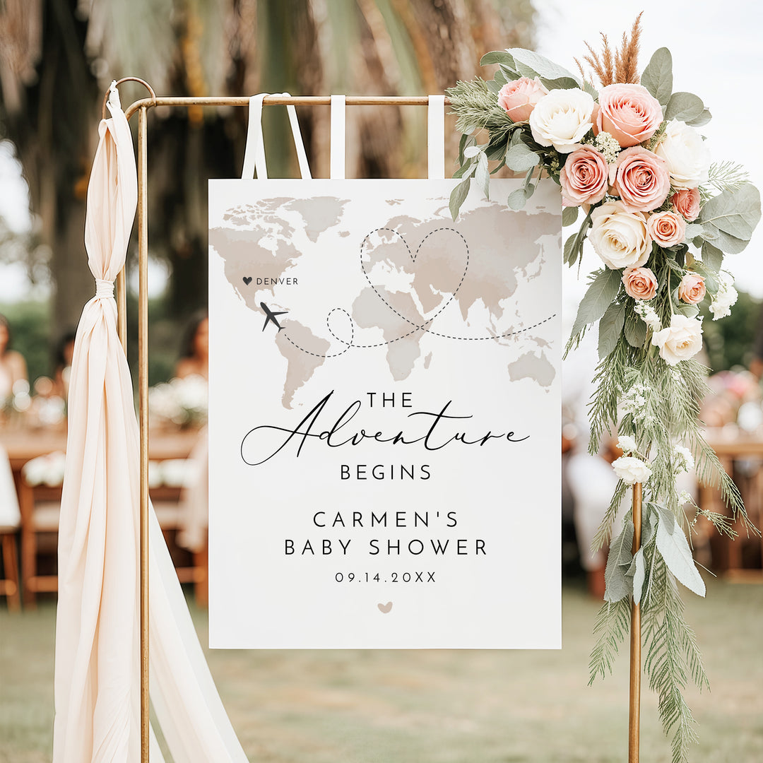 CARMEN Adventure Begins Neutral World Map Baby Shower Welcome Sign