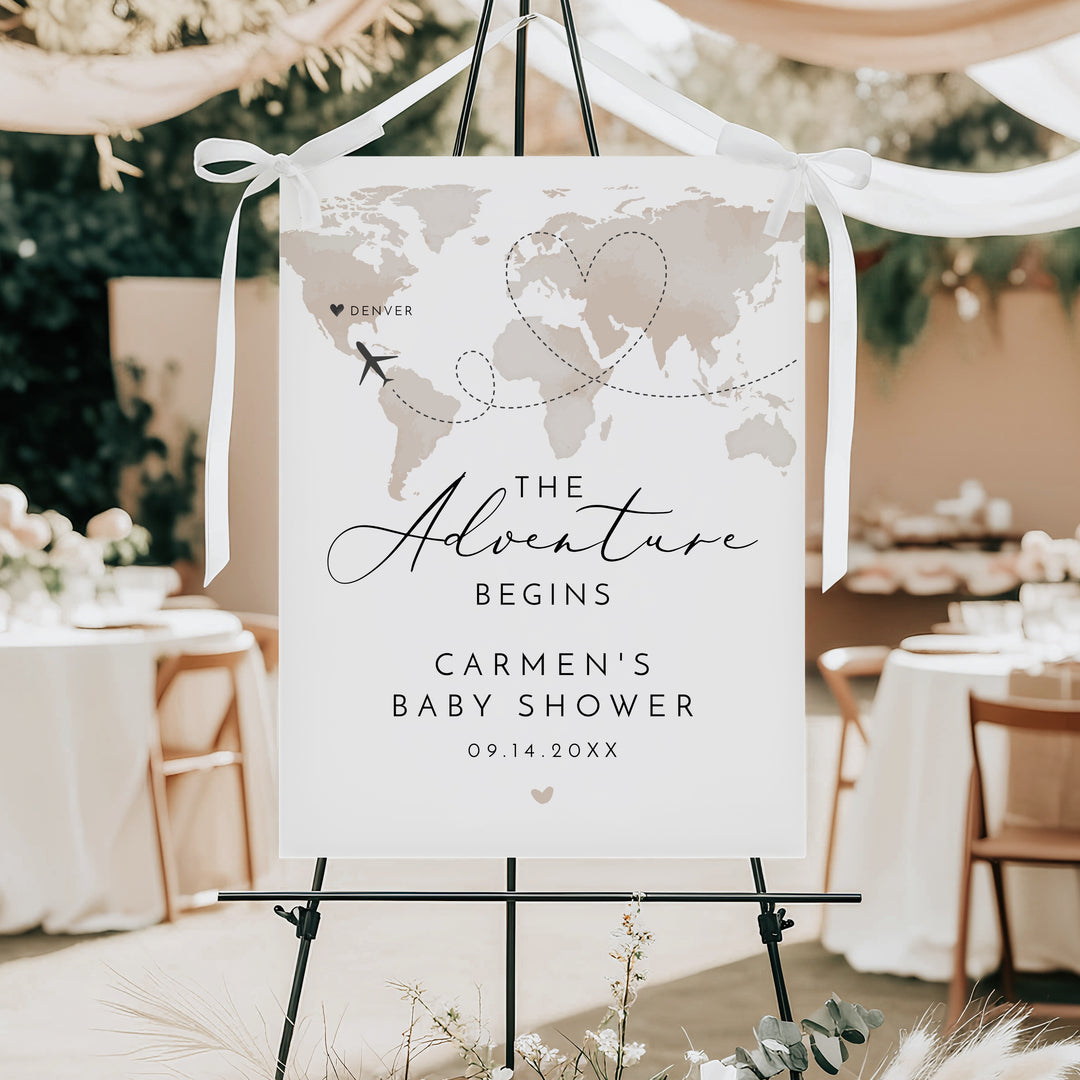 CARMEN Adventure Begins Neutral World Map Baby Shower Welcome Sign