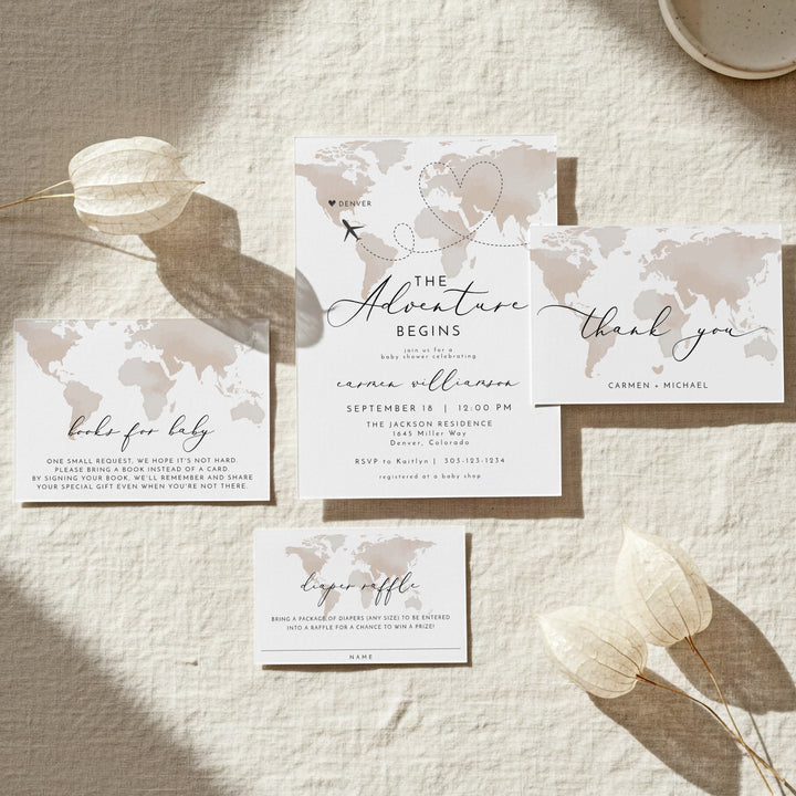 CARMEN Adventure Begins Neutral World Map Baby Shower Invitation Suite