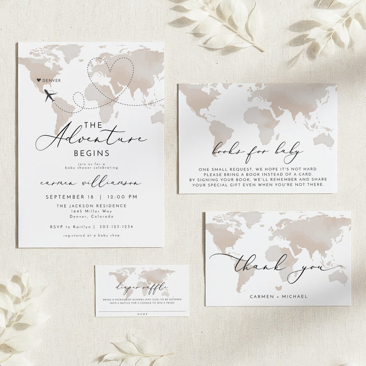 CARMEN Adventure Begins Neutral World Map Baby Shower Invitation Suite