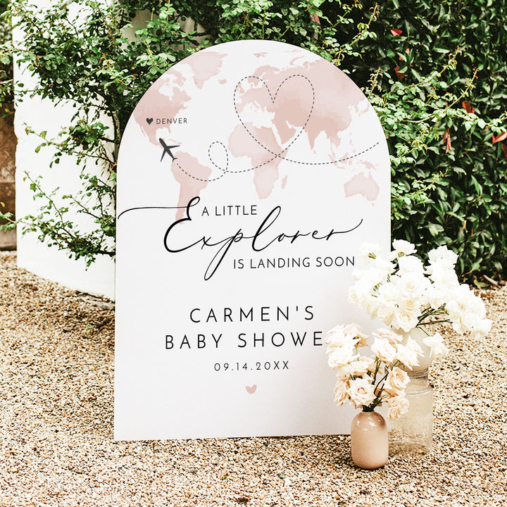 CARMEN Little Explorer Pink World Map Baby Shower Welcome Sign